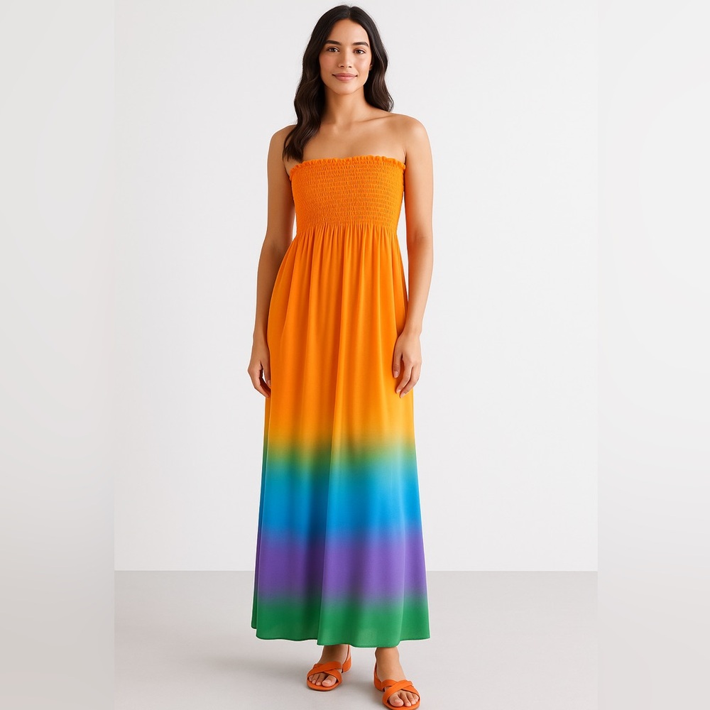 d’closet Women’s Strapless Ombre Smocked Maxi Dress Orange Rainbow Size Small